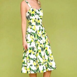 Avec Les Filles Size 12 Lemon Print Midi Dress Fit & Flare Sweatheart Neckline